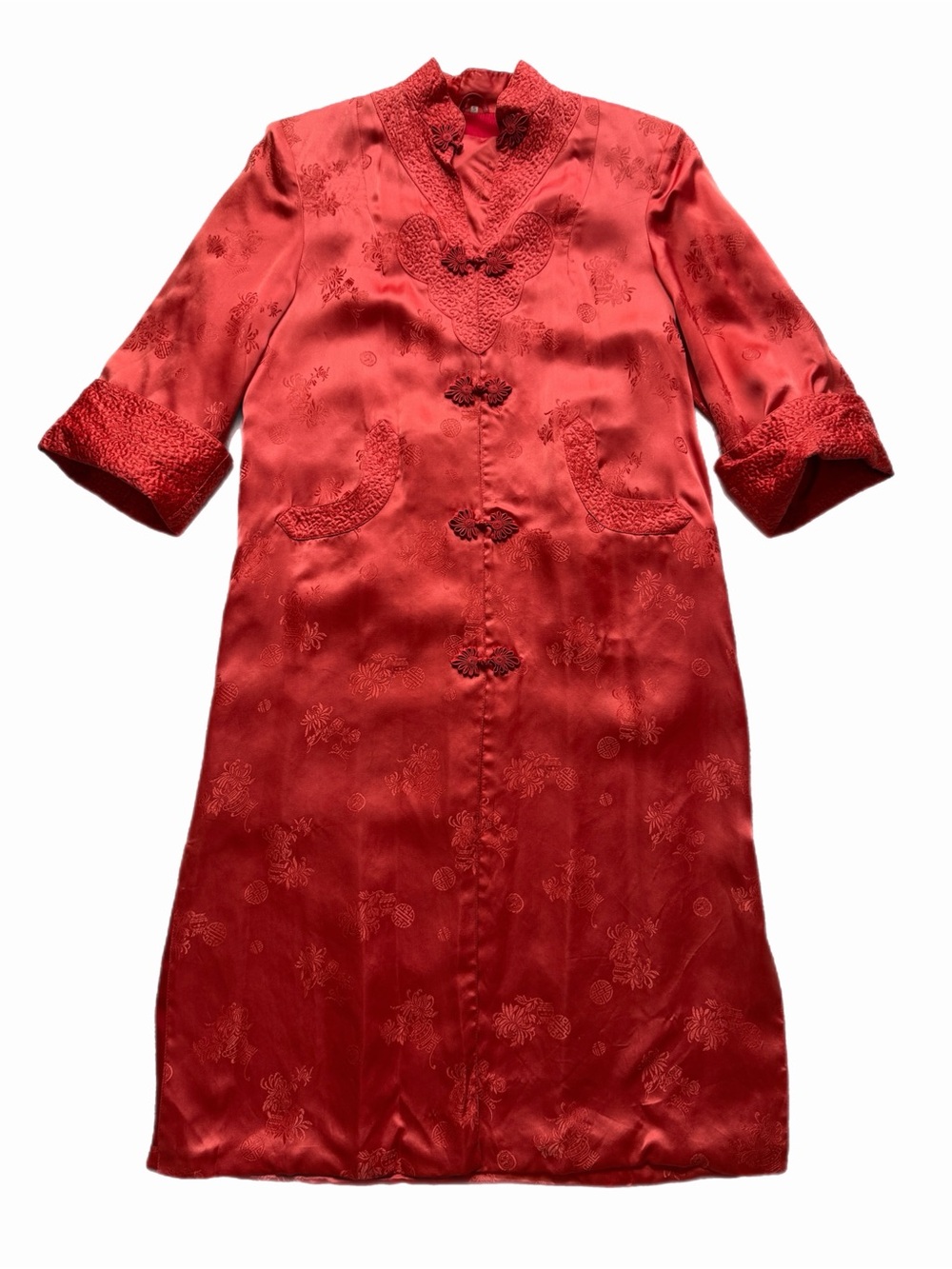 VTG 90s Coral Red Satin Mandarin Collar Duster Jacket S/M Chinoiserie Jacquard